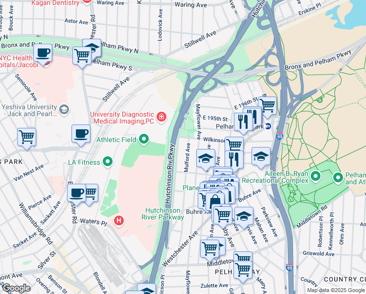 map of restaurants, bars, coffee shops, grocery stores, and more near 1950 Hutchinson River Parkway in Bronx