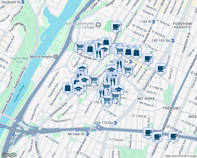 map of restaurants, bars, coffee shops, grocery stores, and more near 1850 Harrison Avenue in The Bronx