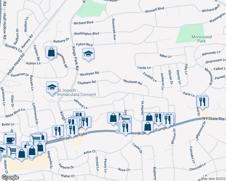 map of restaurants, bars, coffee shops, grocery stores, and more near 119 Cornell Drive in Commack