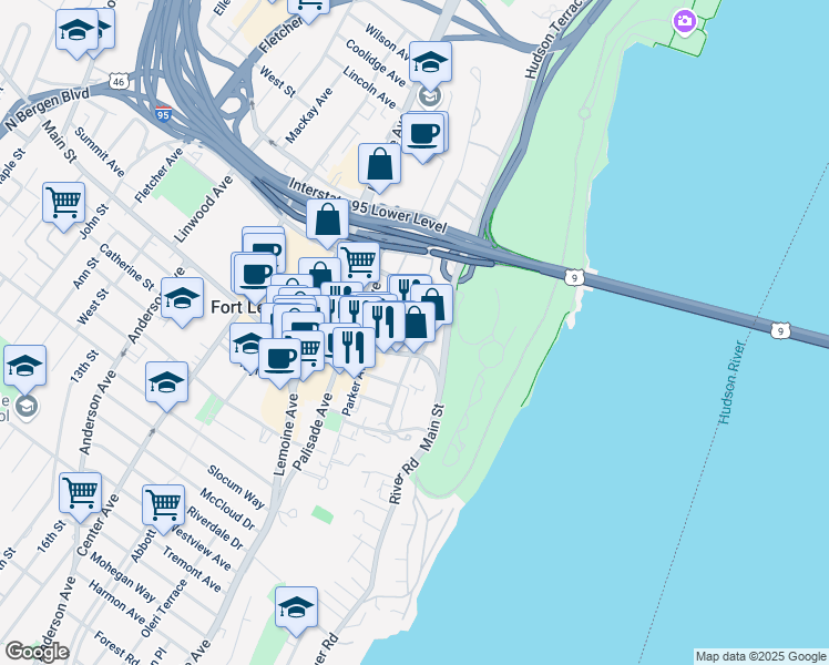 map of restaurants, bars, coffee shops, grocery stores, and more near 2020 Central Road in Fort Lee