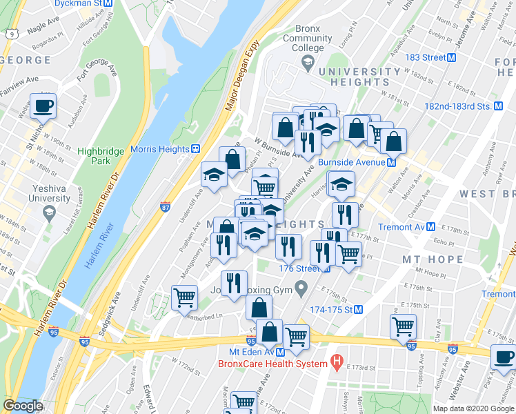 map of restaurants, bars, coffee shops, grocery stores, and more near West Tremont Avenue & Andrews Avenue South in Bronx