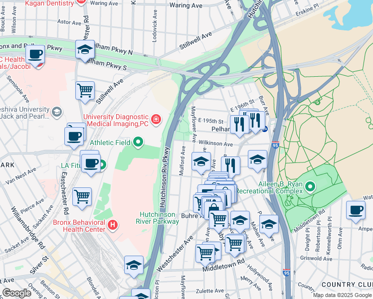 map of restaurants, bars, coffee shops, grocery stores, and more near 1944 Mulford Avenue in The Bronx