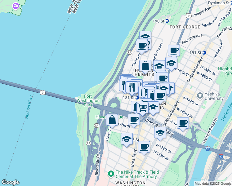map of restaurants, bars, coffee shops, grocery stores, and more near Haven Ave & W 181st St in New York