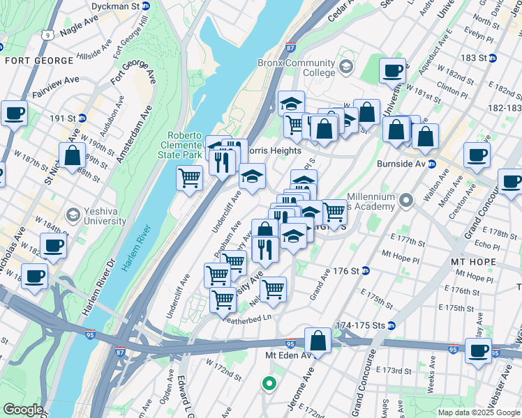map of restaurants, bars, coffee shops, grocery stores, and more near 1764 Popham Avenue in Bronx