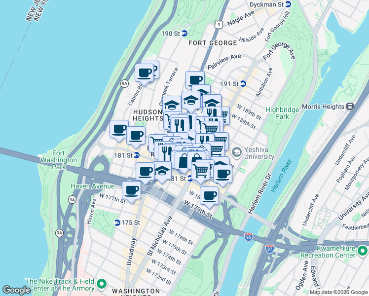 map of restaurants, bars, coffee shops, grocery stores, and more near 202 Wadsworth Avenue in New York