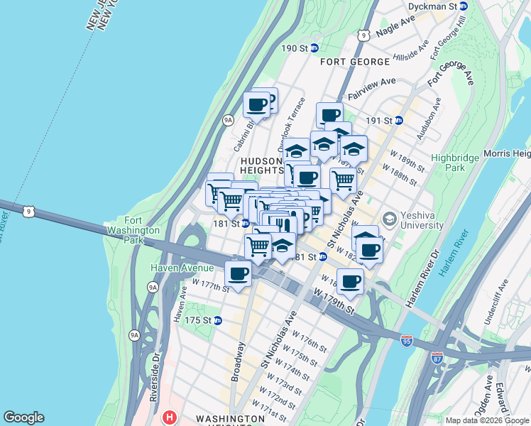 map of restaurants, bars, coffee shops, grocery stores, and more near 15 Magaw Place in New York