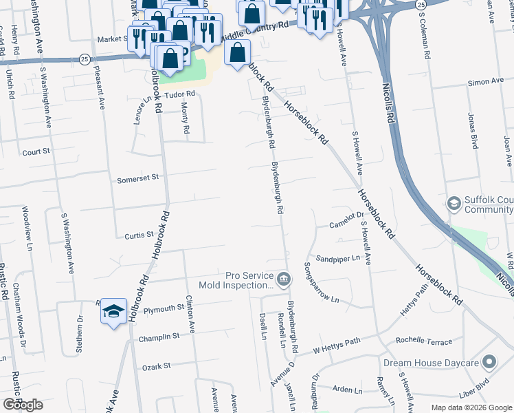 map of restaurants, bars, coffee shops, grocery stores, and more near 3 Pecorella Court in Centereach