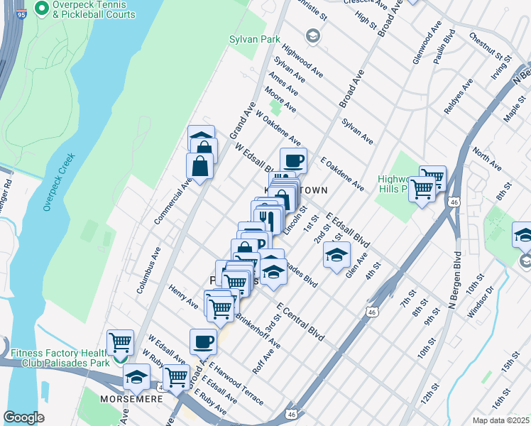map of restaurants, bars, coffee shops, grocery stores, and more near 17A West Washington Place in Palisades Park