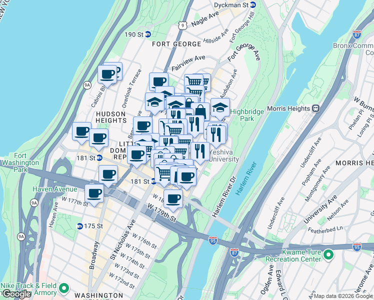 map of restaurants, bars, coffee shops, grocery stores, and more near 551 West 185th Street in New York