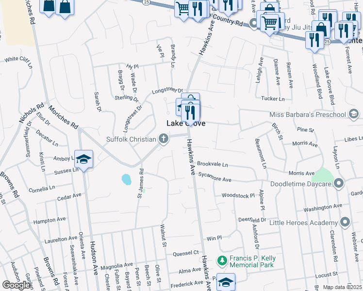 map of restaurants, bars, coffee shops, grocery stores, and more near 15 Country Lane in Lake Grove
