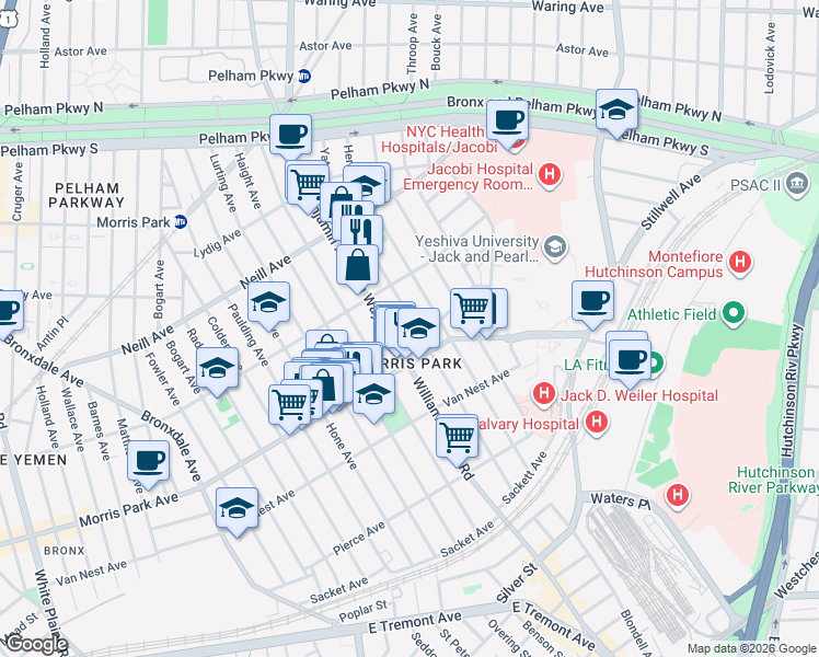 map of restaurants, bars, coffee shops, grocery stores, and more near 1801 Williamsbridge Road in The Bronx
