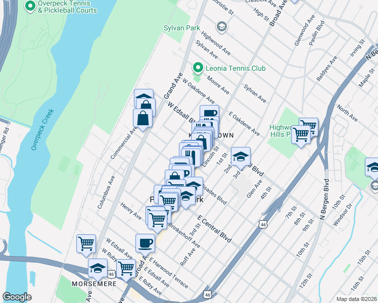 map of restaurants, bars, coffee shops, grocery stores, and more near 17A West Washington Place in Palisades Park