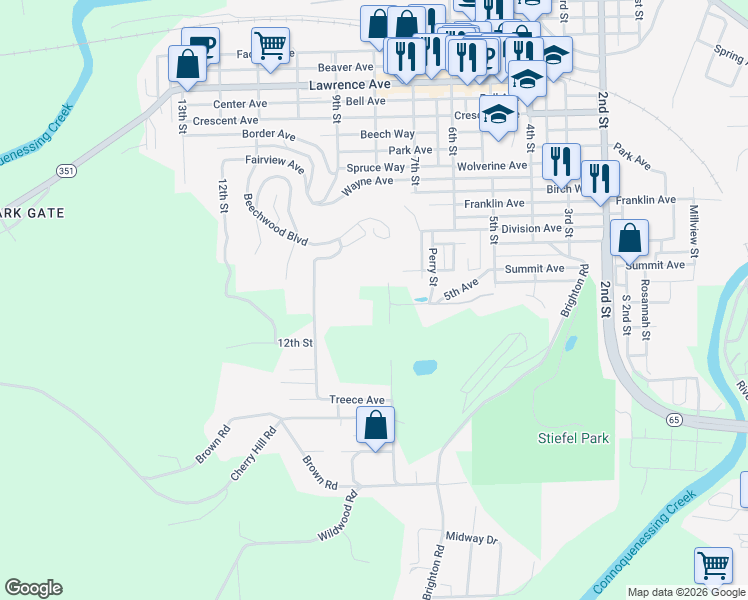 map of restaurants, bars, coffee shops, grocery stores, and more near 1222 Davidson Street in Ellwood City