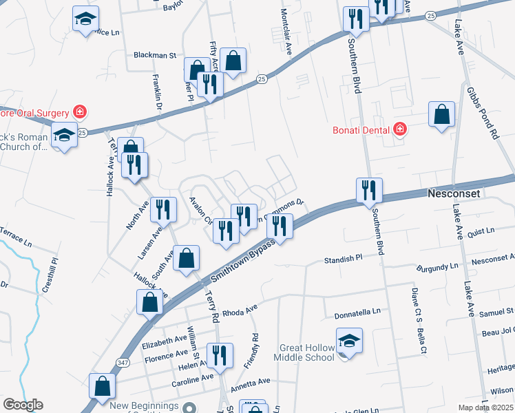 map of restaurants, bars, coffee shops, grocery stores, and more near 81 Paddington Circle in Smithtown