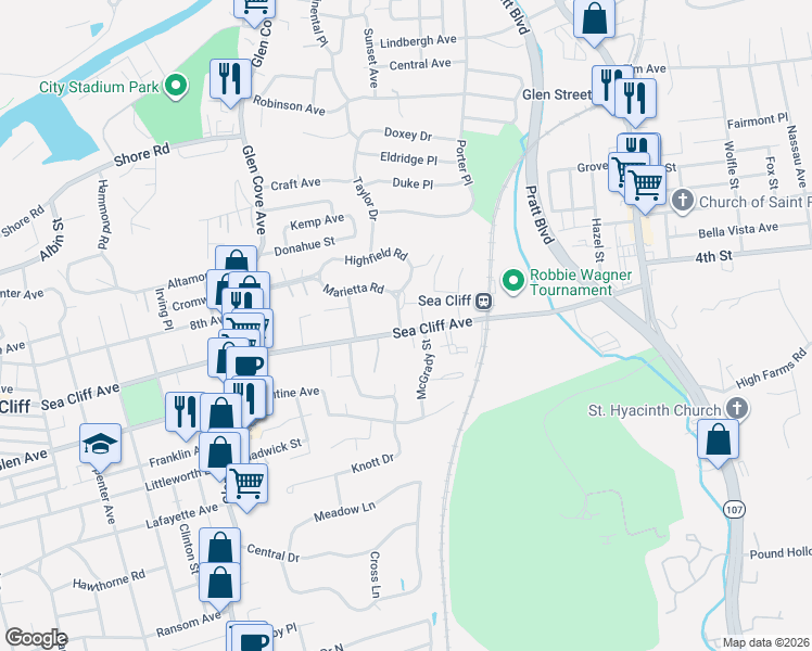 map of restaurants, bars, coffee shops, grocery stores, and more near 105 Sea Cliff Avenue in Glen Cove