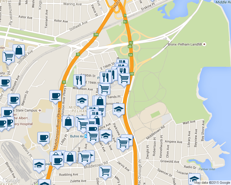 map of restaurants, bars, coffee shops, grocery stores, and more near 3134 Sands Place in The Bronx