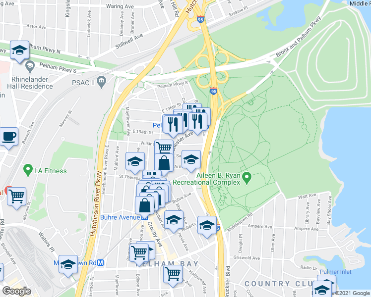 map of restaurants, bars, coffee shops, grocery stores, and more near 3134 Sands Place in The Bronx