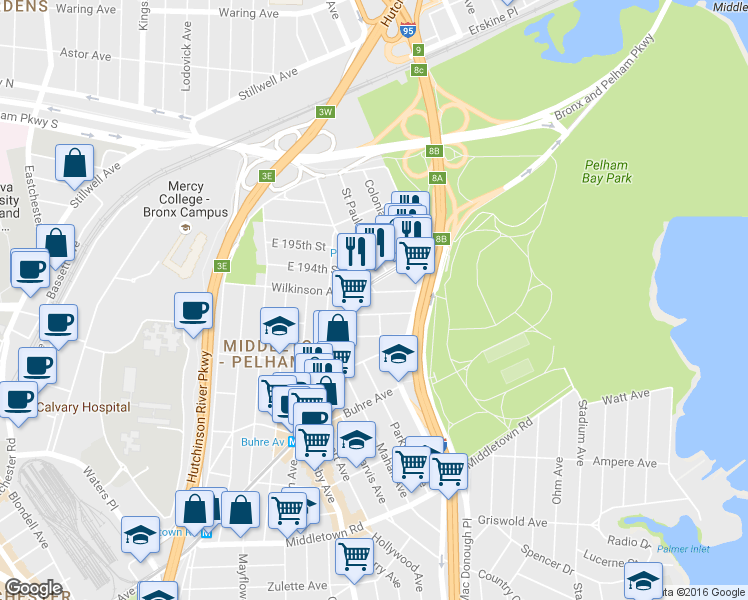 map of restaurants, bars, coffee shops, grocery stores, and more near 3134 Sands Place in The Bronx