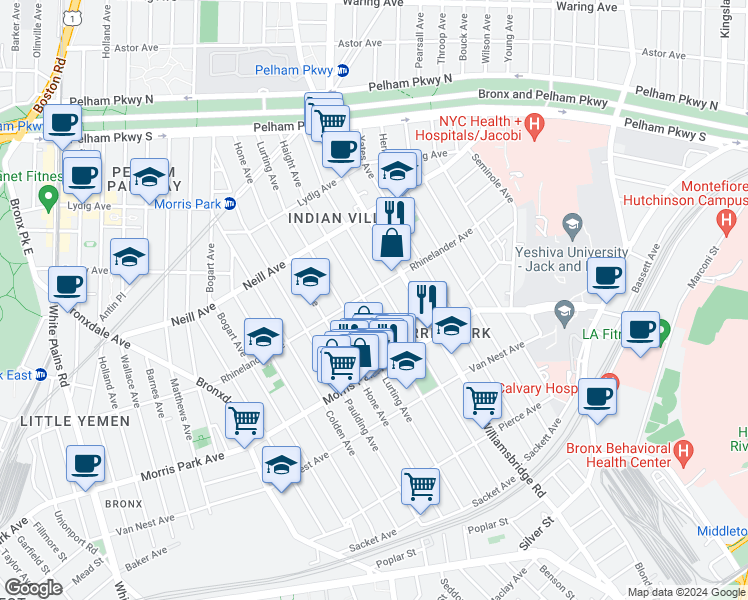 map of restaurants, bars, coffee shops, grocery stores, and more near 1854 Haight Avenue in Bronx