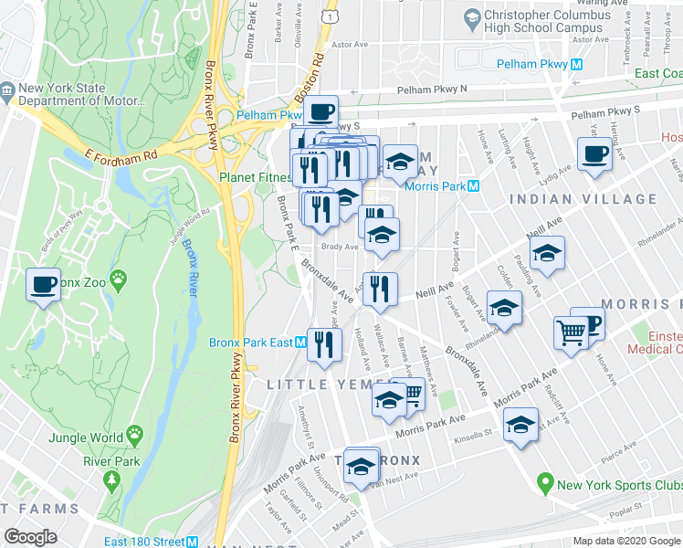 map of restaurants, bars, coffee shops, grocery stores, and more near 2019 Our Lady Of Solace Place in Bronx