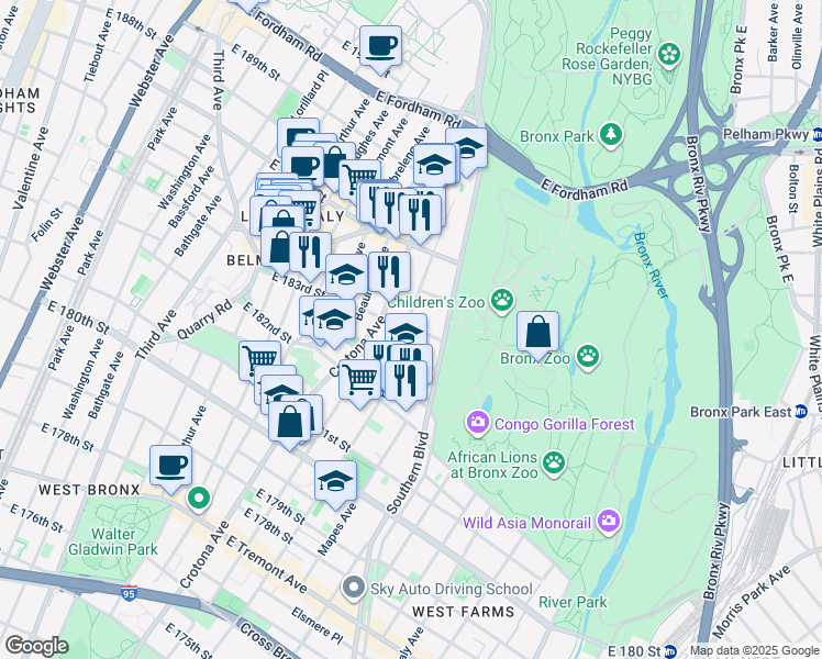 map of restaurants, bars, coffee shops, grocery stores, and more near in The Bronx