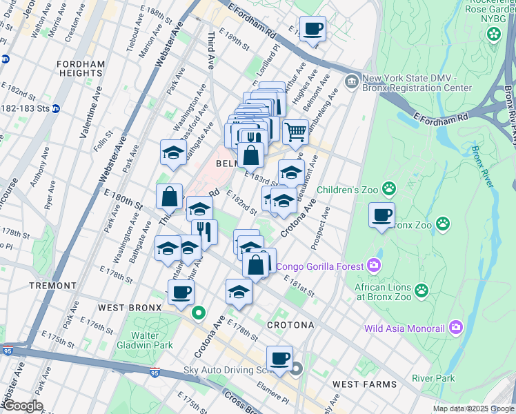 map of restaurants, bars, coffee shops, grocery stores, and more near 2183 Belmont Avenue in Bronx