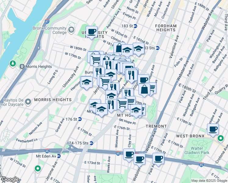 map of restaurants, bars, coffee shops, grocery stores, and more near 1985 Creston Avenue in Bronx