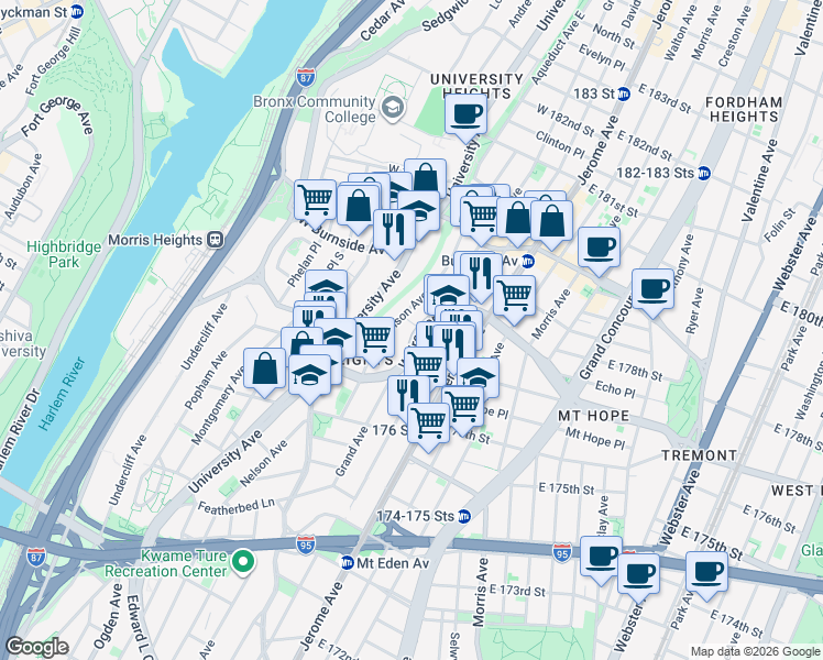 map of restaurants, bars, coffee shops, grocery stores, and more near 689 West Tremont Avenue in Bronx