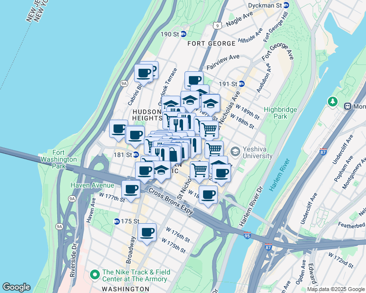 map of restaurants, bars, coffee shops, grocery stores, and more near 177 Wadsworth Avenue in New York