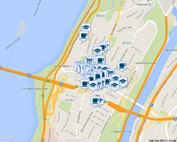 map of restaurants, bars, coffee shops, grocery stores, and more near 728 West 181st Street in New York