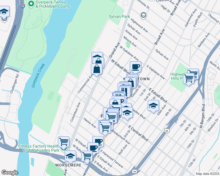 map of restaurants, bars, coffee shops, grocery stores, and more near 41 West Palisades Boulevard in Palisades Park