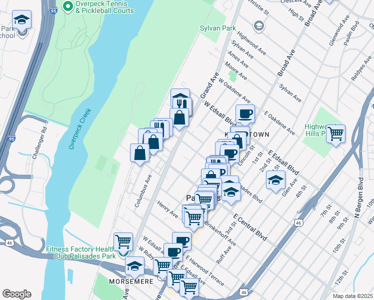 map of restaurants, bars, coffee shops, grocery stores, and more near 335 Hillside Avenue in Palisades Park