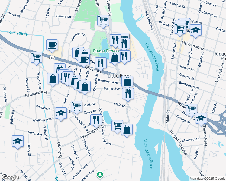 map of restaurants, bars, coffee shops, grocery stores, and more near 49 Petersilge Drive in Little Ferry