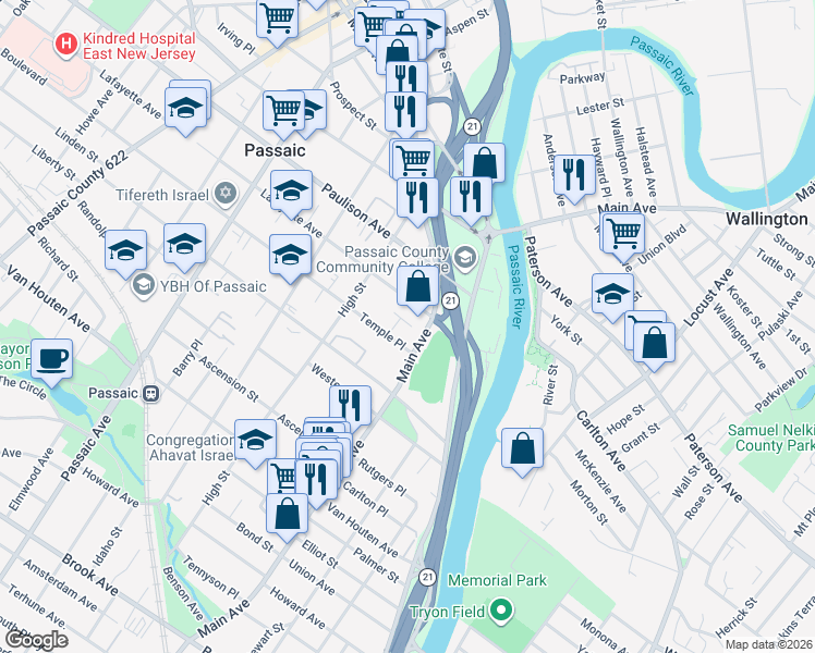map of restaurants, bars, coffee shops, grocery stores, and more near in Passaic