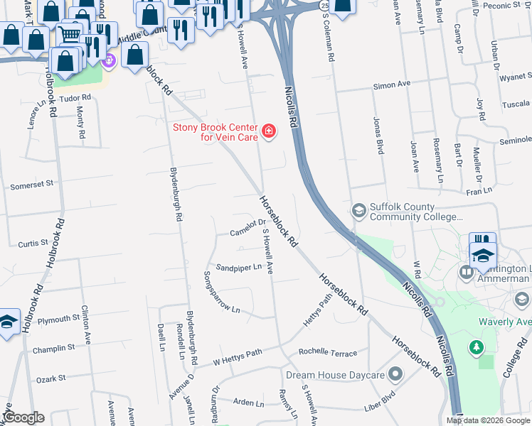 map of restaurants, bars, coffee shops, grocery stores, and more near 9 Valerie Court in Centereach