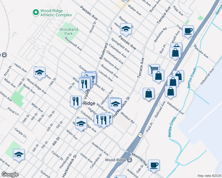 map of restaurants, bars, coffee shops, grocery stores, and more near 303 Hillcrest Avenue in Wood-Ridge