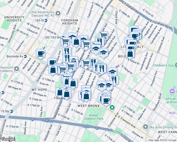 map of restaurants, bars, coffee shops, grocery stores, and more near in The Bronx