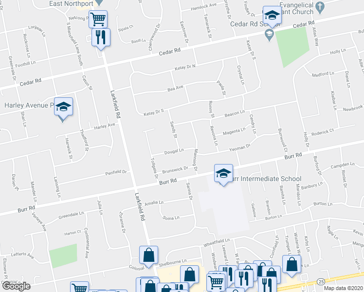 map of restaurants, bars, coffee shops, grocery stores, and more near 2 Sandy Street in East Northport