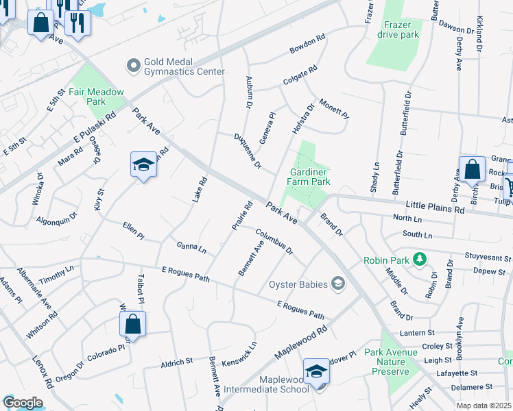 map of restaurants, bars, coffee shops, grocery stores, and more near 24 Prairie Road in Huntington Station