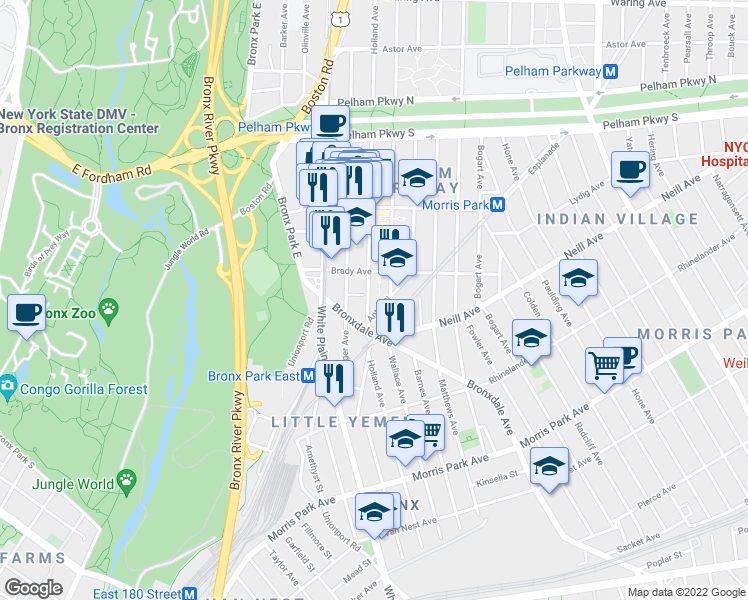 map of restaurants, bars, coffee shops, grocery stores, and more near 2019 Our Lady Of Solace Place in Bronx