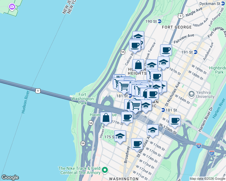 map of restaurants, bars, coffee shops, grocery stores, and more near in New York