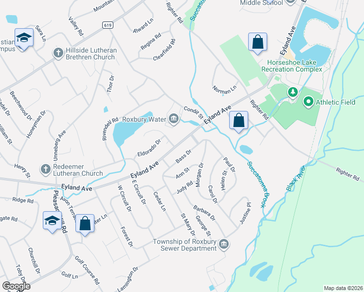 map of restaurants, bars, coffee shops, grocery stores, and more near 16 Bass Drive in Roxbury Township