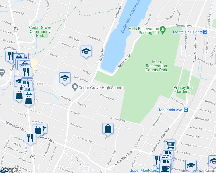 map of restaurants, bars, coffee shops, grocery stores, and more near 31 Reservoir Place in Cedar Grove