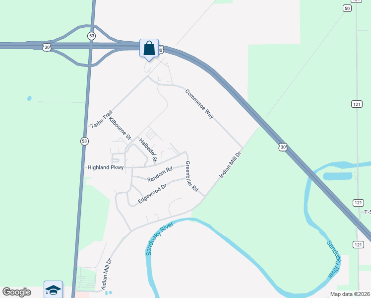 map of restaurants, bars, coffee shops, grocery stores, and more near 983 Greenbrier Road in Upper Sandusky