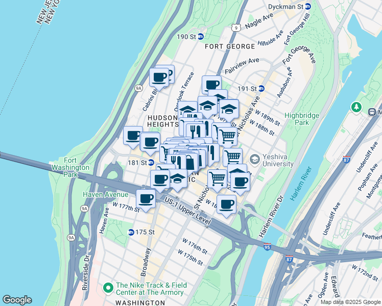 map of restaurants, bars, coffee shops, grocery stores, and more near Broadway & West 183rd Street in New York