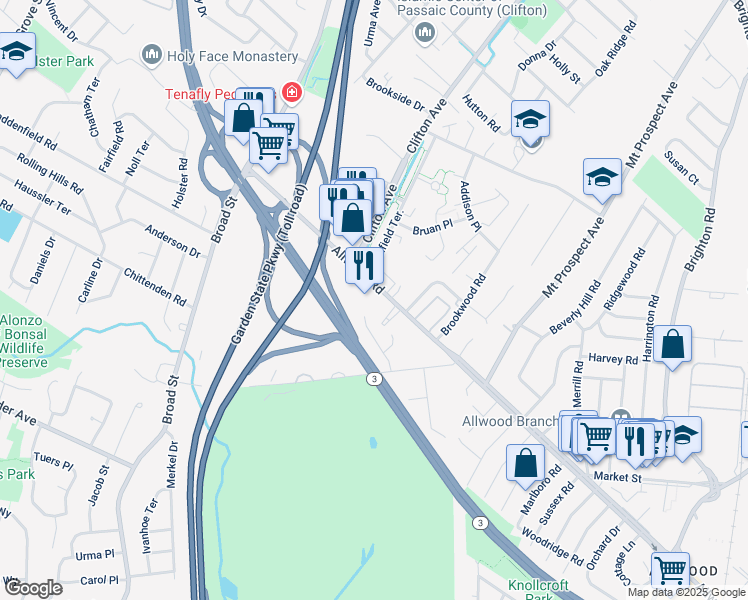 map of restaurants, bars, coffee shops, grocery stores, and more near 905 Allwood Road in Clifton