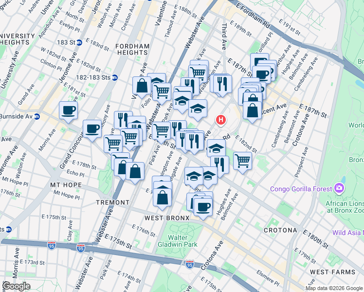 map of restaurants, bars, coffee shops, grocery stores, and more near in The Bronx