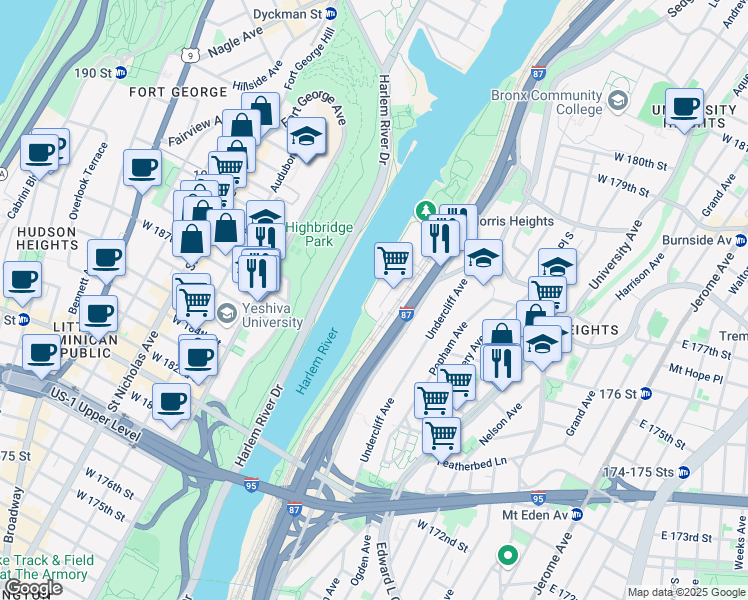 map of restaurants, bars, coffee shops, grocery stores, and more near 10 Richman Plaza in The Bronx