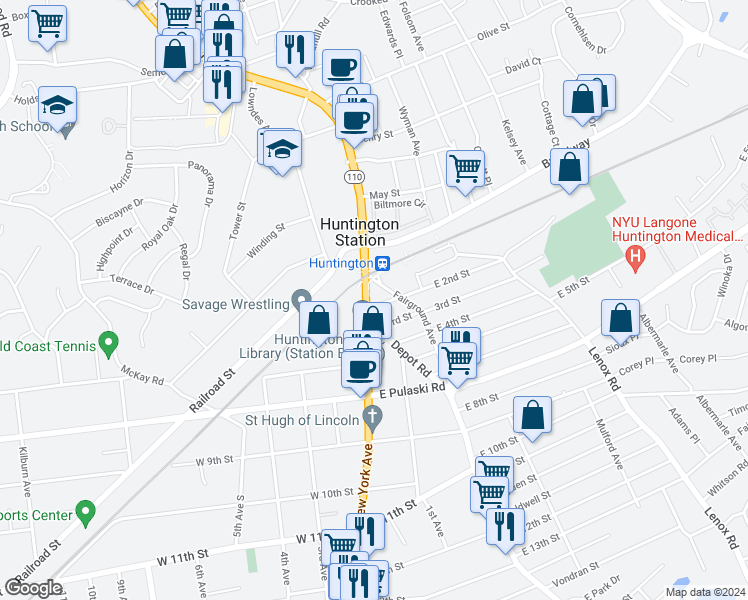 map of restaurants, bars, coffee shops, grocery stores, and more near 1268 New York Avenue in Huntington Station