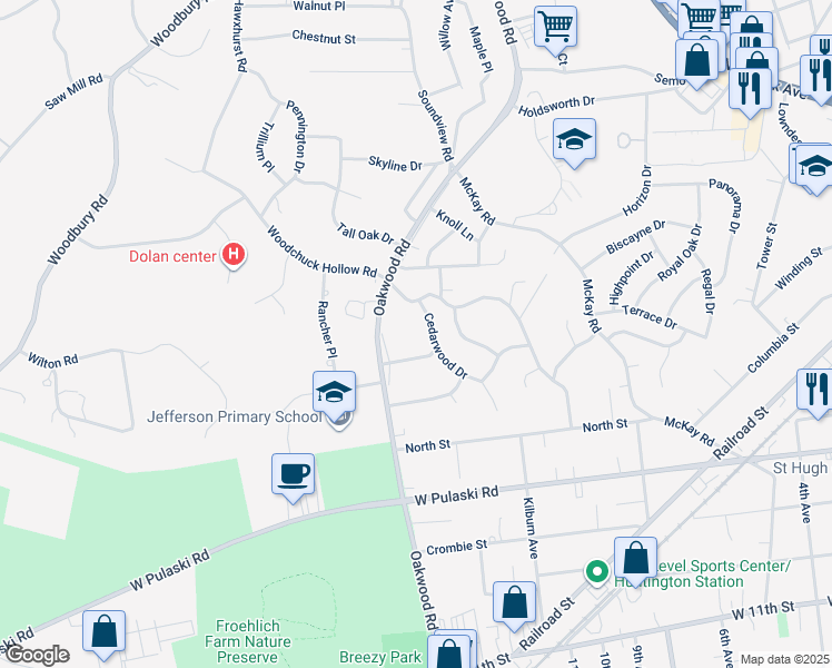map of restaurants, bars, coffee shops, grocery stores, and more near 7 Waywood Place in Huntington Station